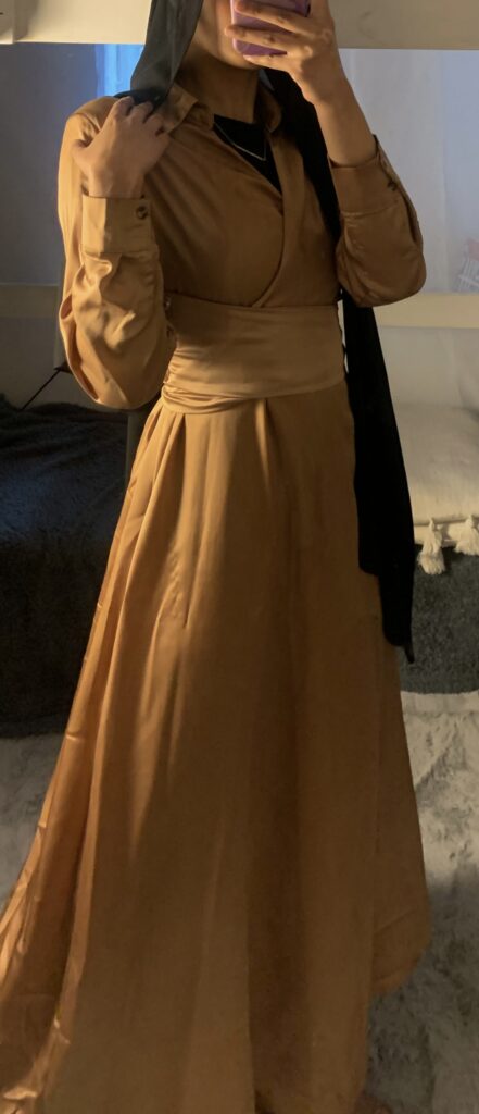gold long flowy modest dress