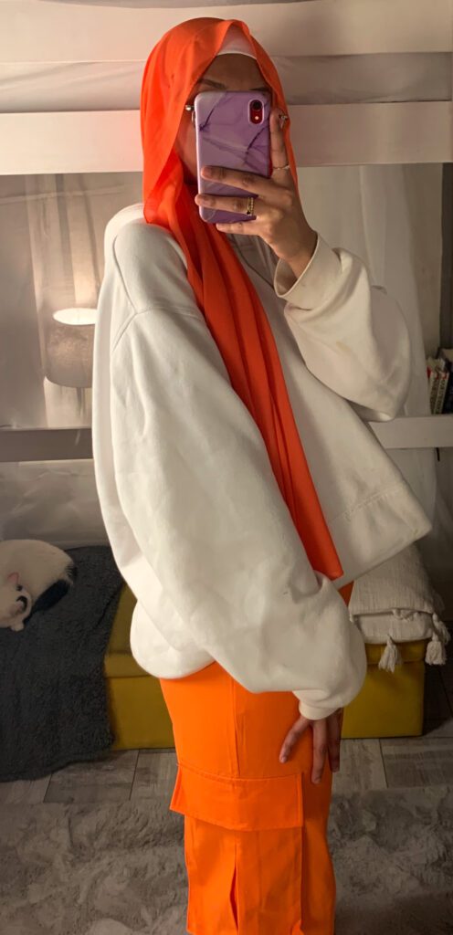 orange and white modest outfit