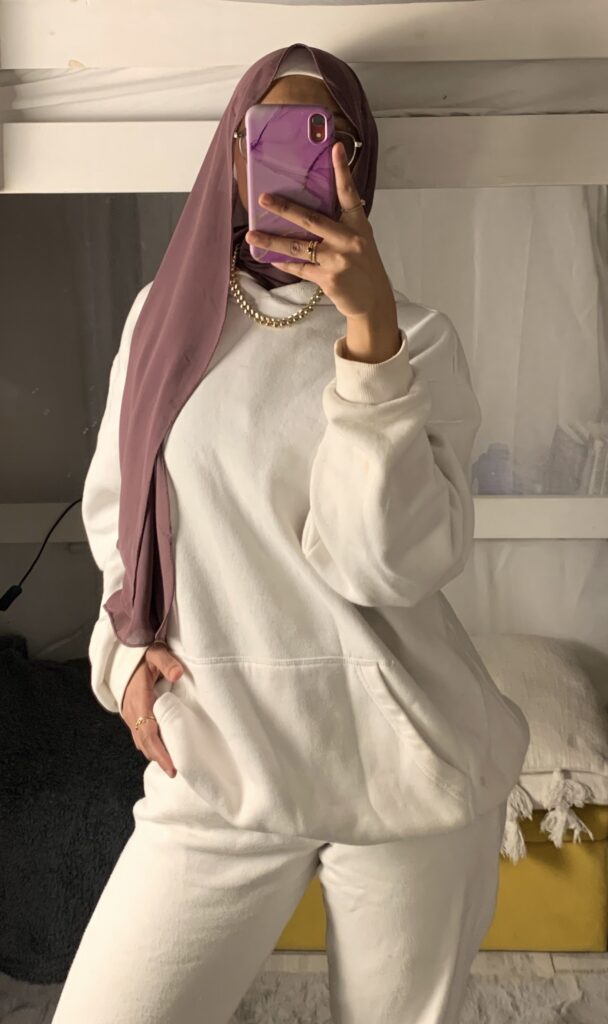 white hoodie set with purple hijab