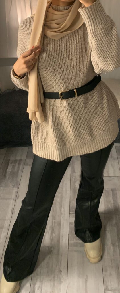 casual modest outfit for school- beige hijab, beige jumper, wide leg leather pants and  a black belt